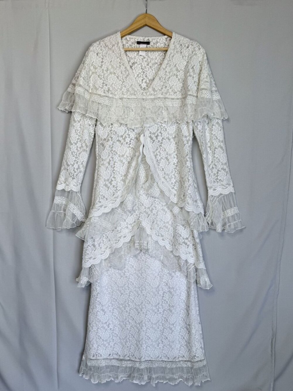 90s Vintage Design Today's White Stretch Lace Tunic Maxi Skirt Cord Set Large